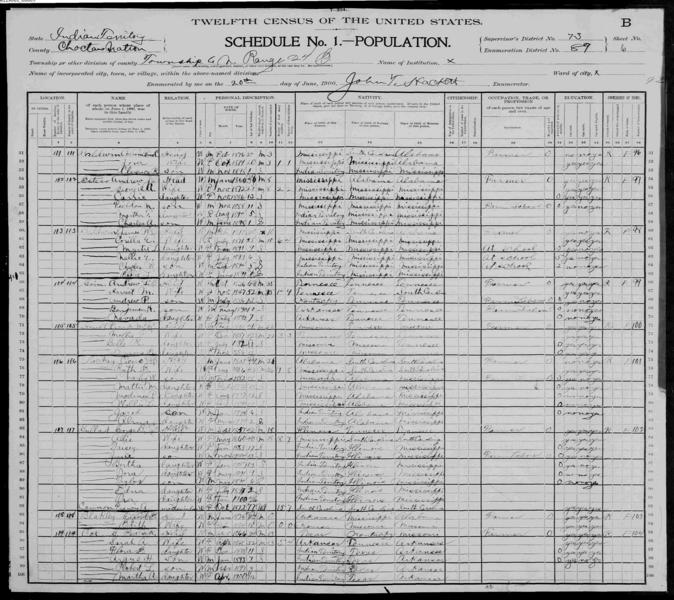 File:1900 U.S. Census - ED 89 Township 5 N. Range 24 E., Choctaw Nation, Indian Territory, page 12 of 36.jpg