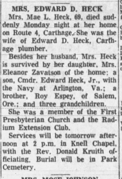 File:Mae L Heck obituary from Springfield News Leader 25 Sept 1957.jpg