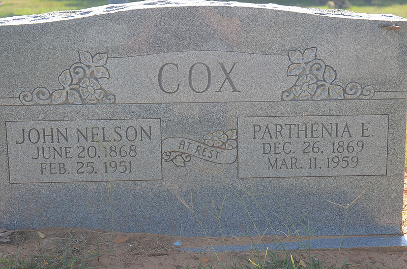 File:Headstone of John Nelson and Parthenia E. Cox.JPG