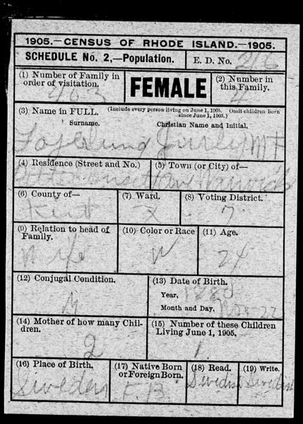 File:Rhode Island, State Census, 1905, Derosier - Froley, Female, Warwick, E.D. 0216, Kent, Rhode Island, page 1847 of 2282.jpg