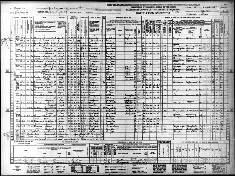 File:1940 U.S. Census - 60-199, Councilmanic District 3, Los Angeles, California, Page 1 of 20.jpg